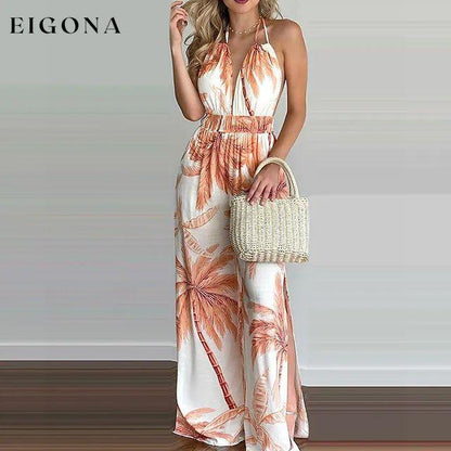 Women's Summer New Digital Printing Colorful Slit Jumpsuit Orange __stock:200 casual dresses clothes dresses refund_fee:1200 show-color-swatches