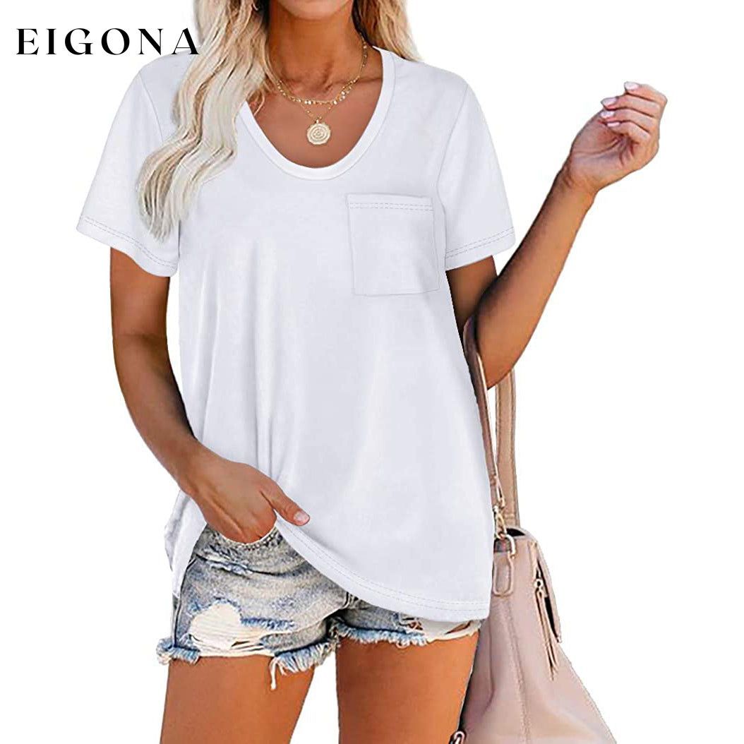 Women's Summer Short Sleeve Crew Neck Pocket Top White __stock:200 clothes refund_fee:800 tops