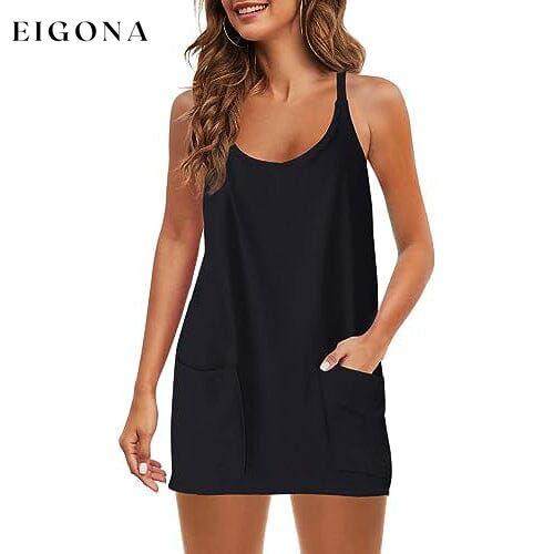 Womens Summer Sleeveless Mini Dress V Neck Spaghetti Strap with Pockets Black __stock:200 casual dresses clothes dresses refund_fee:1200