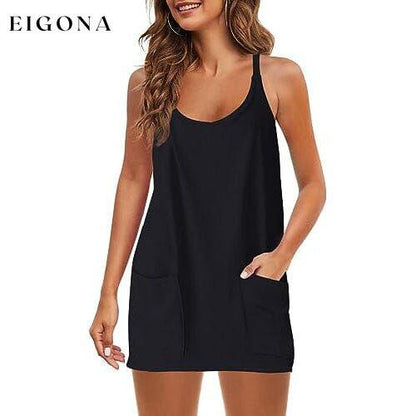 Womens Summer Sleeveless Mini Dress V Neck Spaghetti Strap with Pockets Black __stock:200 casual dresses clothes dresses refund_fee:1200