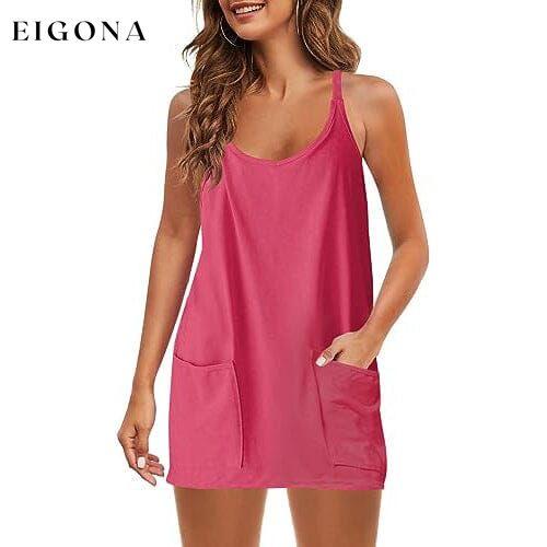 Womens Summer Sleeveless Mini Dress V Neck Spaghetti Strap with Pockets Hot Pink __stock:200 casual dresses clothes dresses refund_fee:1200