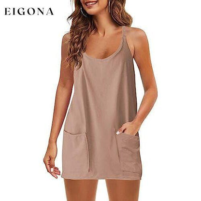 Womens Summer Sleeveless Mini Dress V Neck Spaghetti Strap with Pockets Khaki __stock:200 casual dresses clothes dresses refund_fee:1200