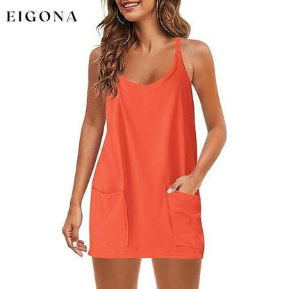 Womens Summer Sleeveless Mini Dress V Neck Spaghetti Strap with Pockets Orange __stock:200 casual dresses clothes dresses refund_fee:1200