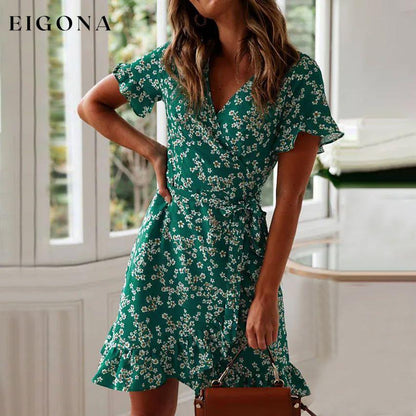 Women's Summer V-Neck Short Wrap Dress Green __stock:200 casual dresses clothes dresses refund_fee:1200