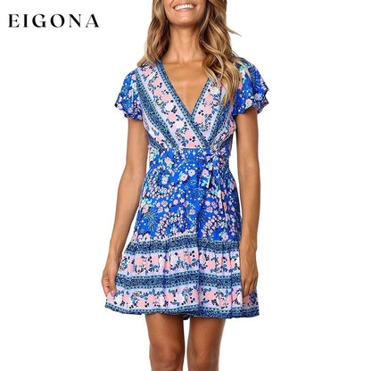 Women’s Summer Wrap V Neck Bohemian Floral Print Mini Dress Blue __stock:200 casual dresses clothes dresses refund_fee:1200