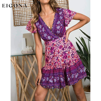 Women’s Summer Wrap V Neck Bohemian Floral Print Mini Dress __stock:200 casual dresses clothes dresses refund_fee:1200