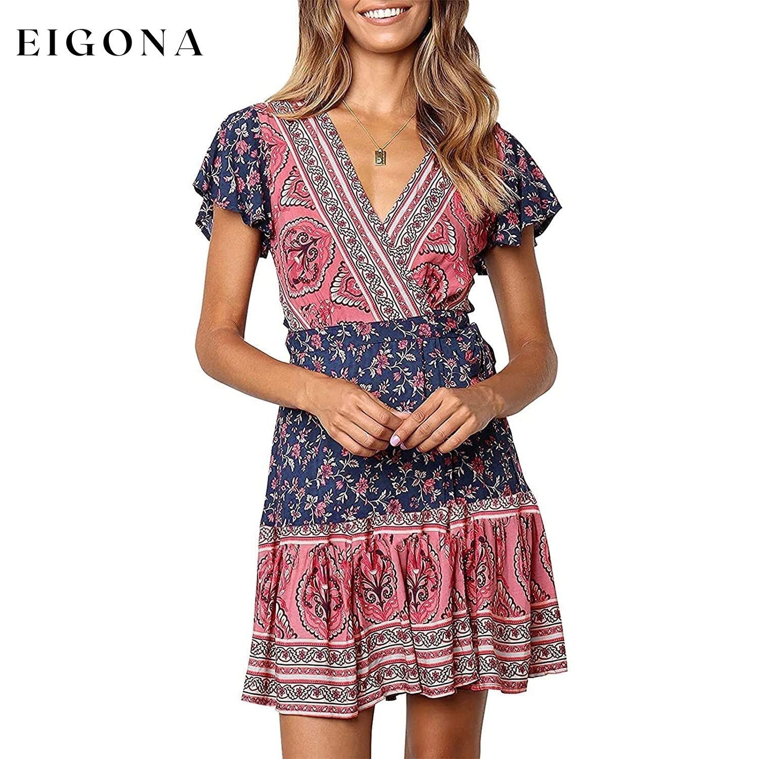 Women’s Summer Wrap V Neck Bohemian Floral Print Mini Dress Navy Red __stock:200 casual dresses clothes dresses refund_fee:1200