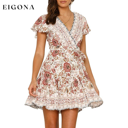 Women’s Summer Wrap V Neck Bohemian Floral Print Mini Dress White __stock:200 casual dresses clothes dresses refund_fee:1200