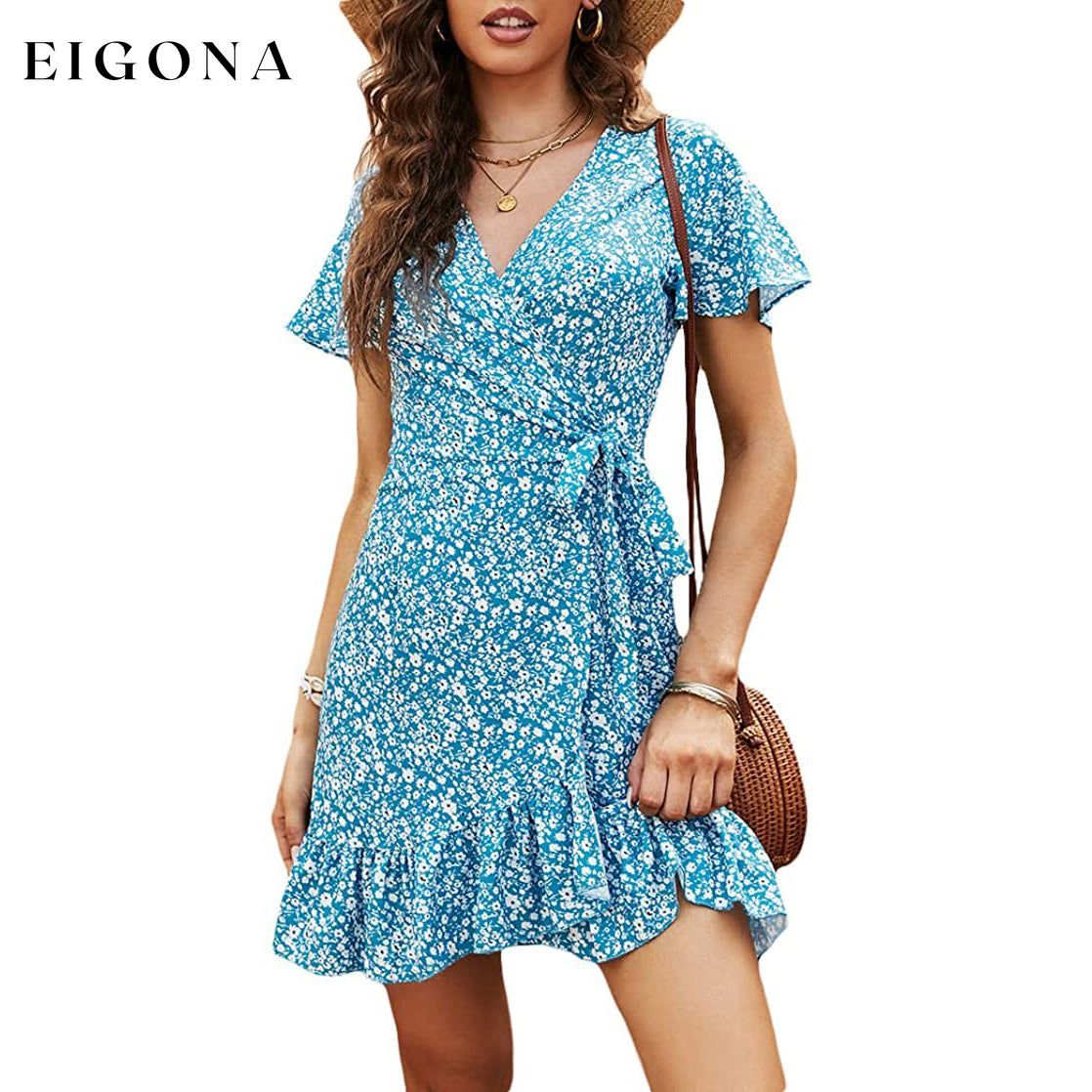 Women's Summer Wrap V Neck Polka Dot Dress Teal __stock:200 casual dresses clothes dresses refund_fee:1200