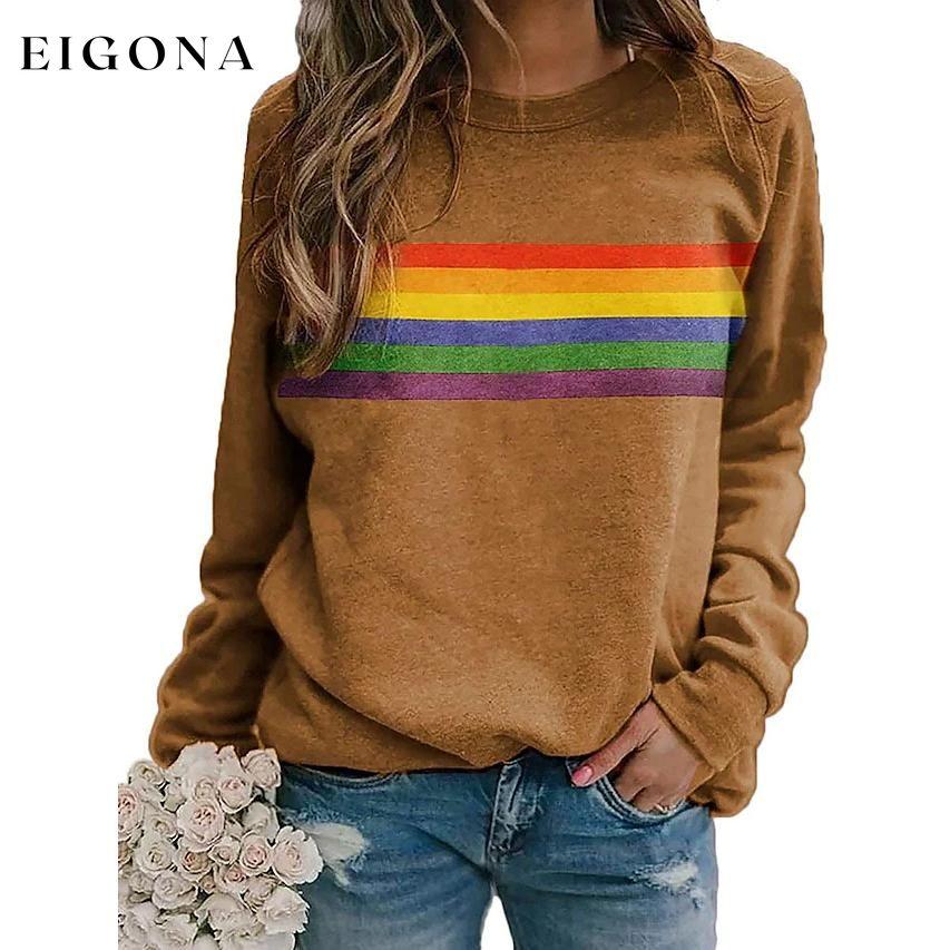 Women's T shirt Rainbow Graphic Long Sleeve Round Neck Tops Khaki __stock:200 clothes refund_fee:800 tops