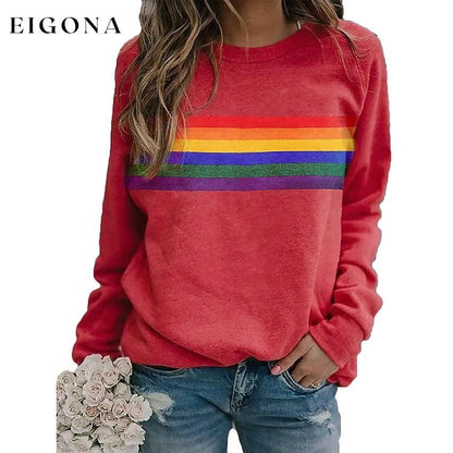 Women's T shirt Rainbow Graphic Long Sleeve Round Neck Tops Red __stock:200 clothes refund_fee:800 tops