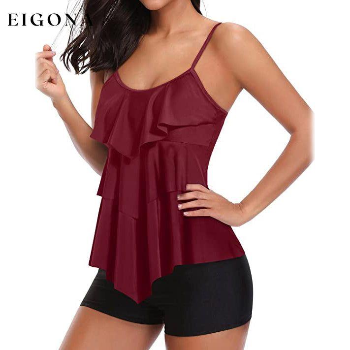 Women's Tankini Two Piece Tummy Control Bathing Suit Wine Red __stock:200 clothes Low stock refund_fee:1200 tops