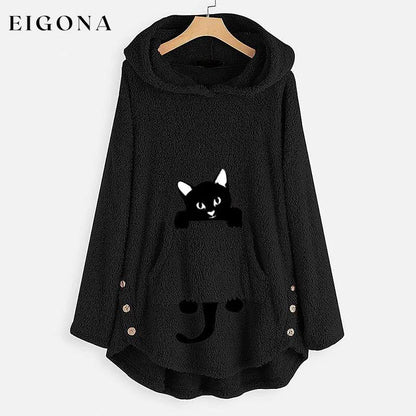 Women's Teddy Coat Cat Animal Front Pocket Hoodies Black __stock:50 Jackets & Coats refund_fee:1200