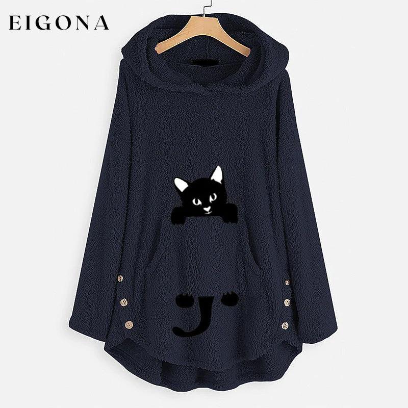 Women's Teddy Coat Cat Animal Front Pocket Hoodies Royal Blue __stock:50 Jackets & Coats refund_fee:1200