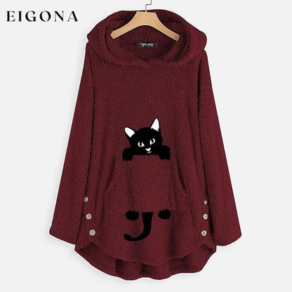 Women's Teddy Coat Cat Animal Front Pocket Hoodies Wine __stock:50 Jackets & Coats refund_fee:1200