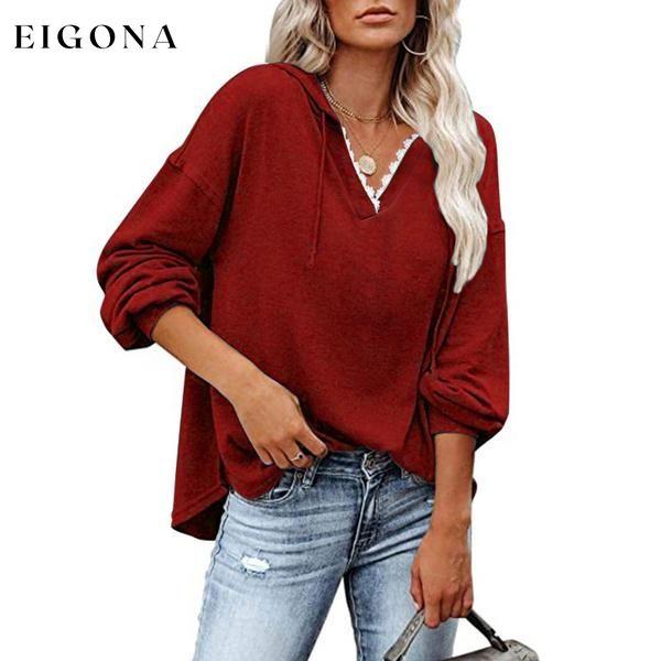 Women's V-neck Pullover Hoodie Sweater Wine Red __stock:50 clothes refund_fee:1200 tops
