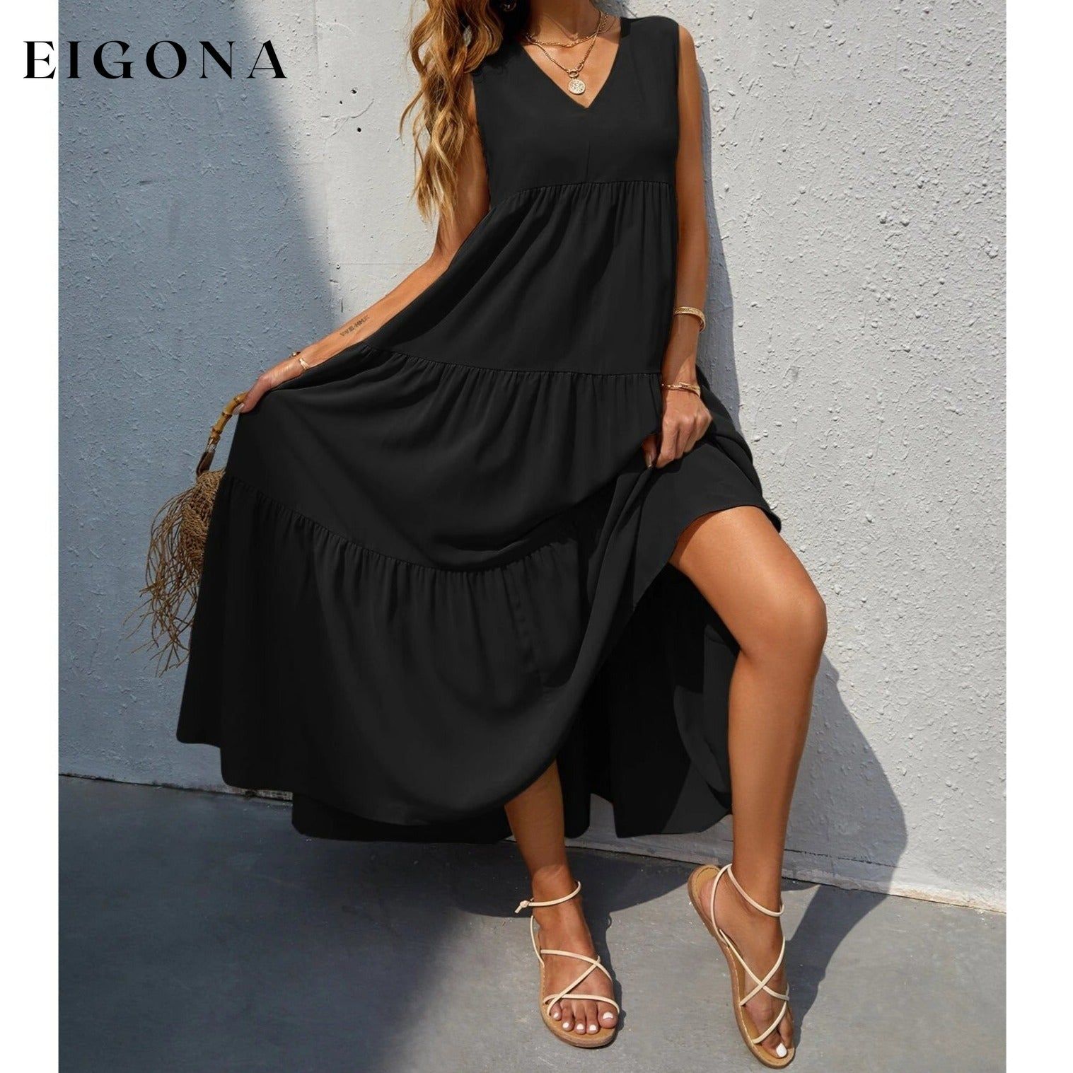 Women's V-neck Ruffle Hem Solid Dress Black __stock:200 casual dresses clothes dresses refund_fee:1200