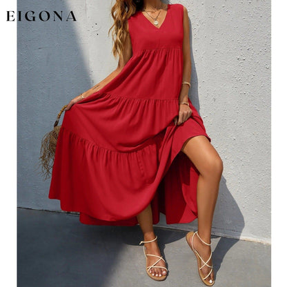 Women's V-neck Ruffle Hem Solid Dress Red __stock:200 casual dresses clothes dresses refund_fee:1200