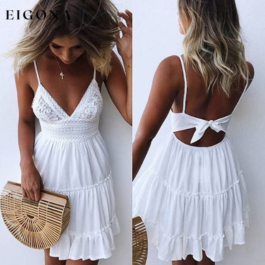 Womens V-Neck Spaghetti Strap Bowknot Backless Sleeveless Lace Mini Swing Skater Dress __stock:200 casual dresses clothes dresses refund_fee:1200