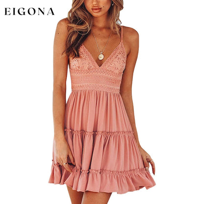 Womens V-Neck Spaghetti Strap Bowknot Backless Sleeveless Lace Mini Swing Skater Dress Pink __stock:200 casual dresses clothes dresses refund_fee:1200