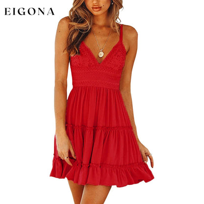 Womens V-Neck Spaghetti Strap Bowknot Backless Sleeveless Lace Mini Swing Skater Dress Red __stock:200 casual dresses clothes dresses refund_fee:1200