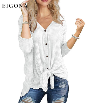 Womens Waffle Knit Tunic Blouse Tie Knot Henley Tops White __stock:200 clothes refund_fee:800 tops
