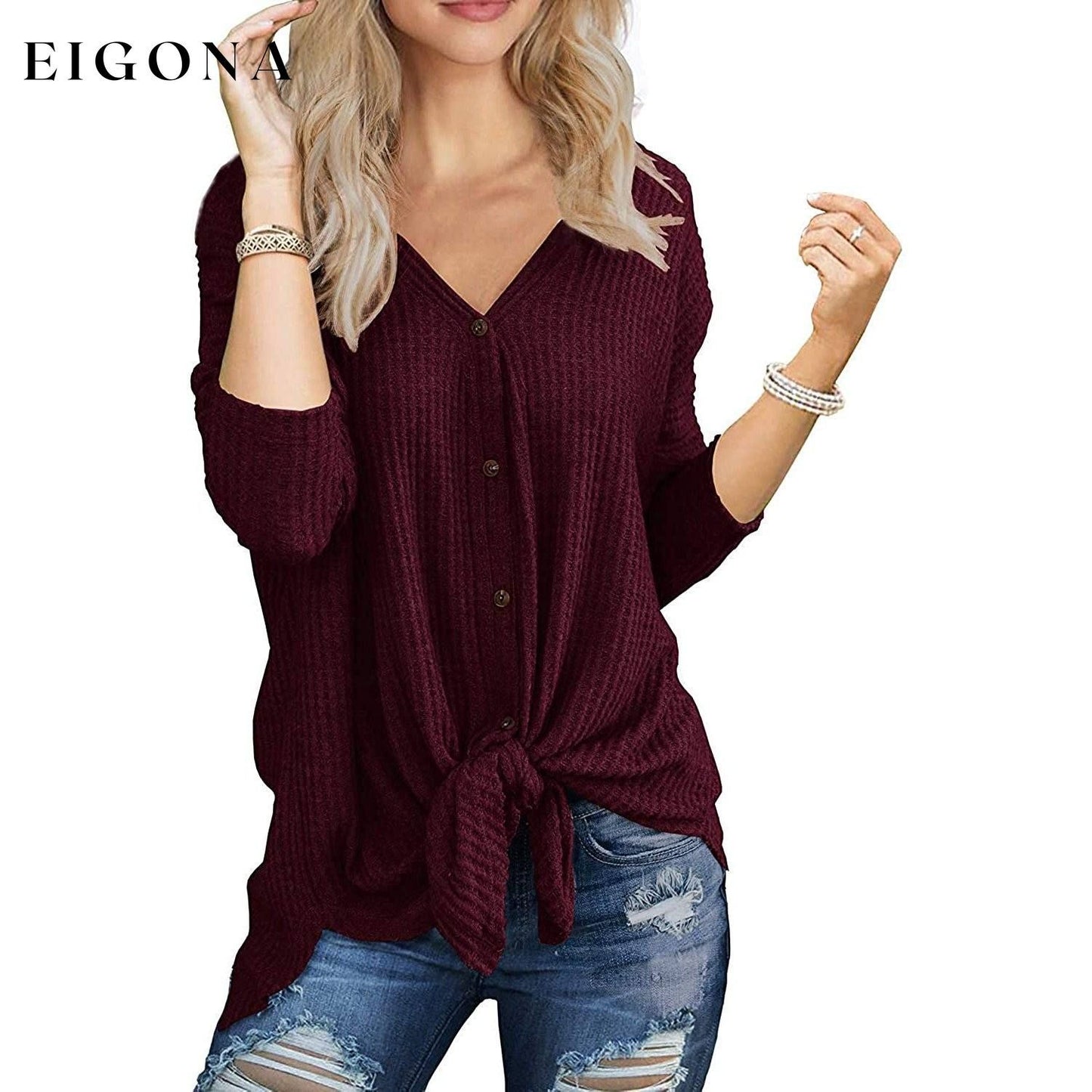 Womens Waffle Knit Tunic Blouse Tie Knot Henley Tops Wine Red __stock:200 clothes refund_fee:800 tops