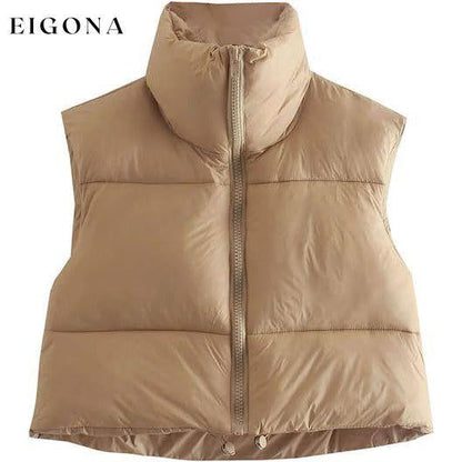 Women's Winter Crop Vest Lightweight Sleeveless Warm Outerwear Puffer Vest Padded Gilet Khaki __stock:200 Jackets & Coats refund_fee:1200