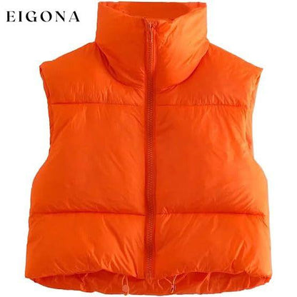 Women's Winter Crop Vest Lightweight Sleeveless Warm Outerwear Puffer Vest Padded Gilet Orange __stock:200 Jackets & Coats refund_fee:1200