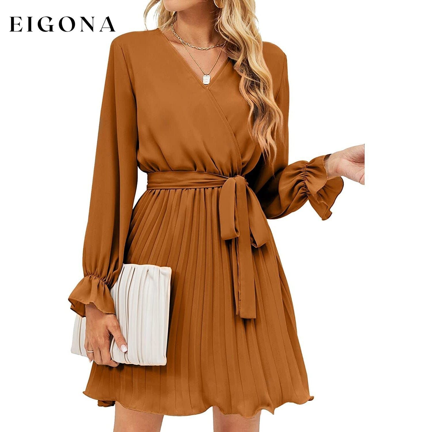 Womens Wrap V Neck Pleated Long Sleeve Mini Dresses Brown __stock:200 casual dresses clothes dresses refund_fee:1200