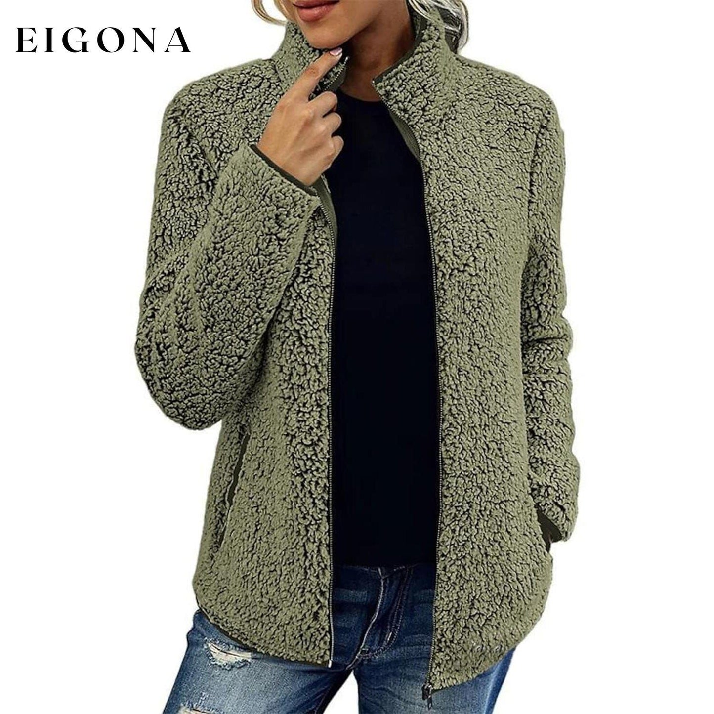 Women's Zip Up Jacket Long Sleeve Green __stock:200 Jackets & Coats refund_fee:1200