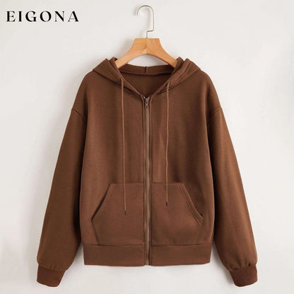 Zip Up Drop Shoulder Drawstring Hoodie Brown __stock:500 clothes refund_fee:800 tops